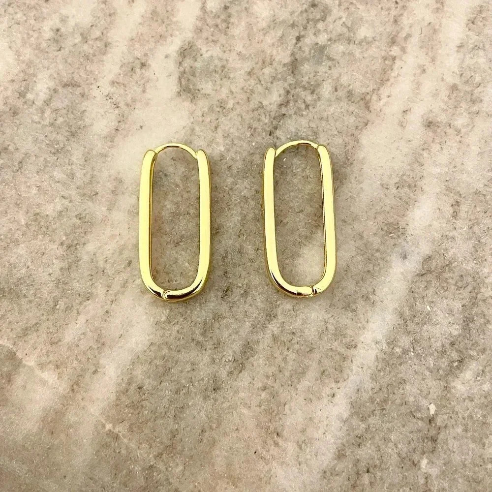 925 Sterling Silver Gold Oval Huggie Hoop Earrings Long U-Shaped Hoop Earrings - Picture 1 of 4